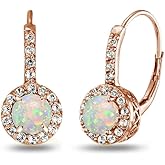 Rose Gold Flashed Sterling Silver Genuine or Synthetic Gemstone Round Dainty Halo Drop Leverback Earrings