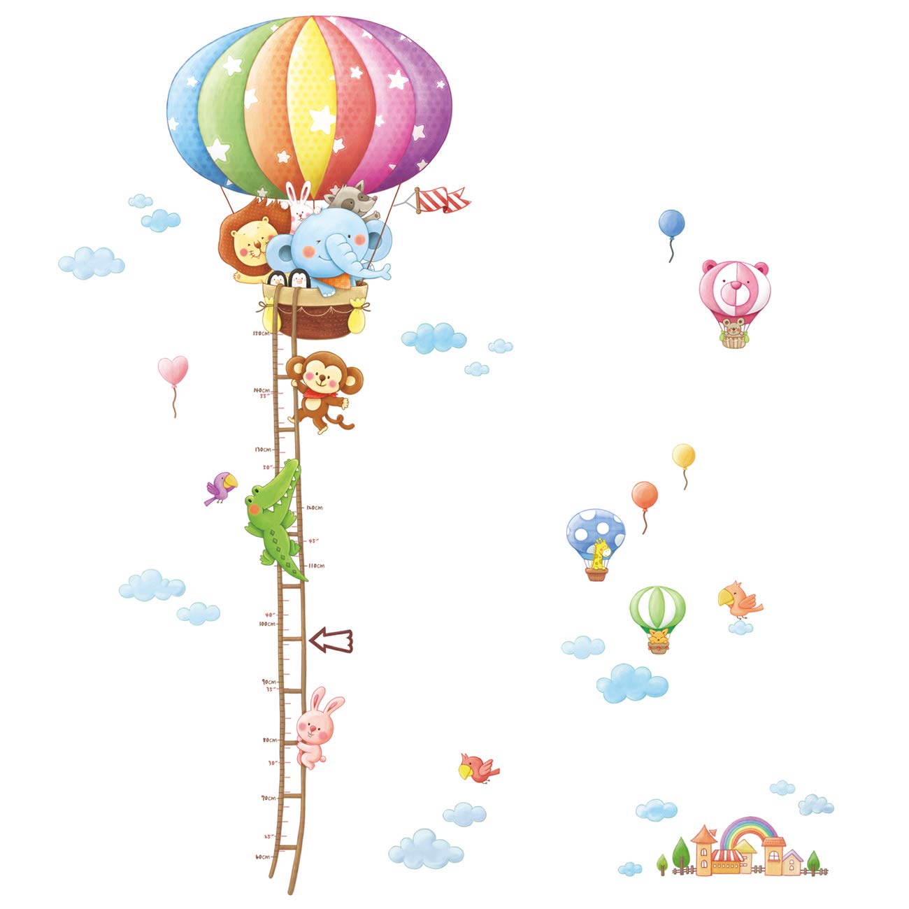 DECOWALL DAT-1606N Animal Hot Air Balloon Height Growth Chart for Kids Wall Stickers Decals Peel and Stick Removable for Nursery Bedroom Living Room Art murals Decorations