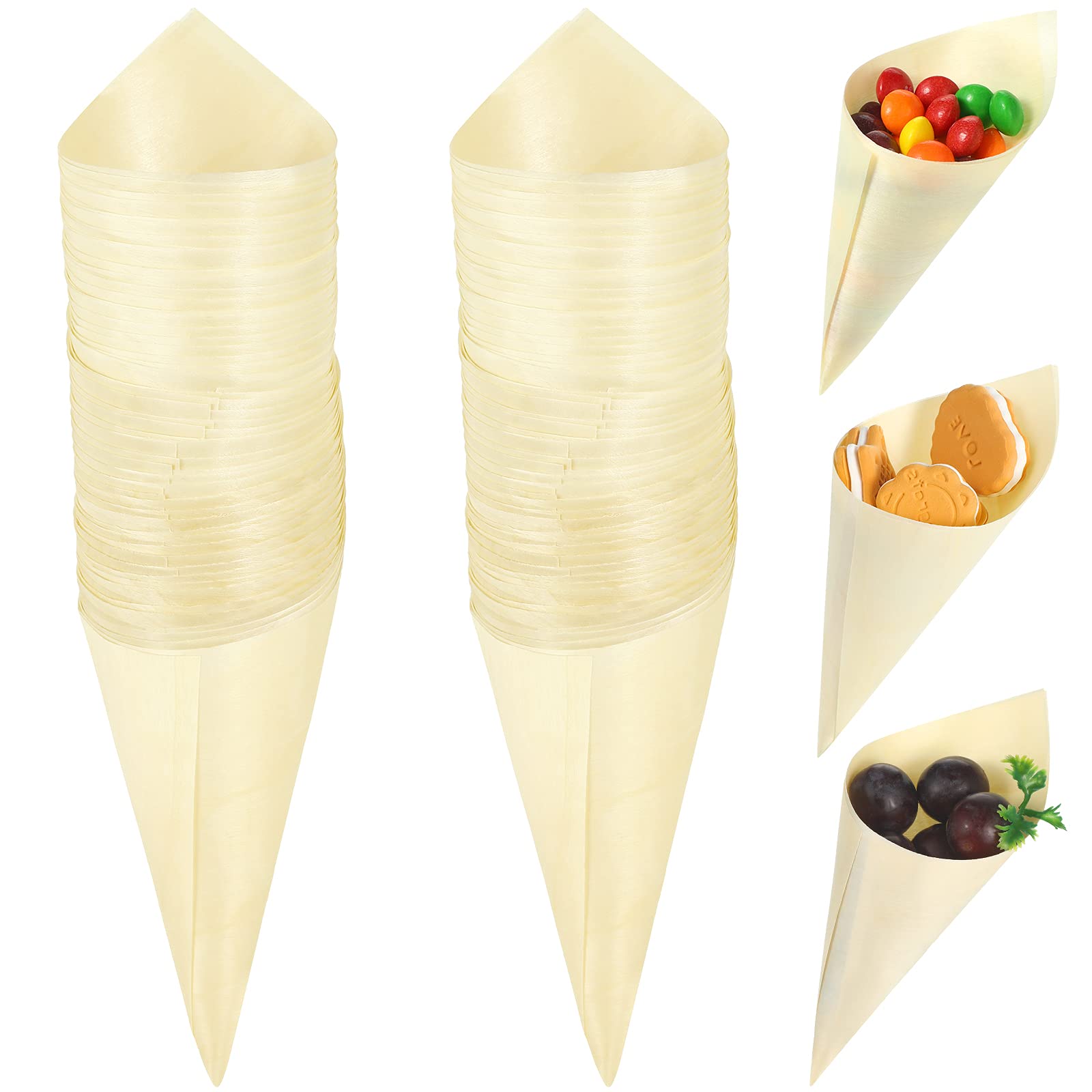 Photo 1 of Wood Tasting Cone Disposable Wooden Cone Serving and Tasting Cone Appetizer Finger Food Ice Cream Holder for Food and Decoration Displays Home Parties Catered Events Buffets (100 Pieces,7 Inch)