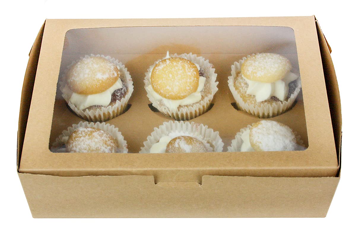 Emartbuy Kraft Bakery Cupcake Muffin Party Boxes Containers with Clear Window Cardboard Insert Holds 6 Cupcakes - Pack of 12