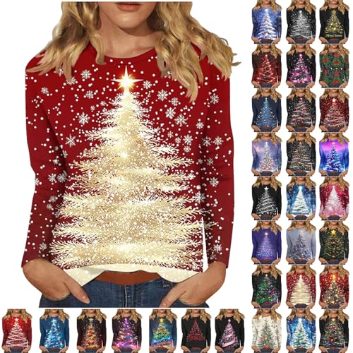Sparkly Tops for Women UK Christmas Santa Tree Graphic Printed Costume Crewnek Comfy Trendy Women's Clothing Pullover Fashion Casual Loose Fit Ladies Jumpers Plus Size Tops for Women