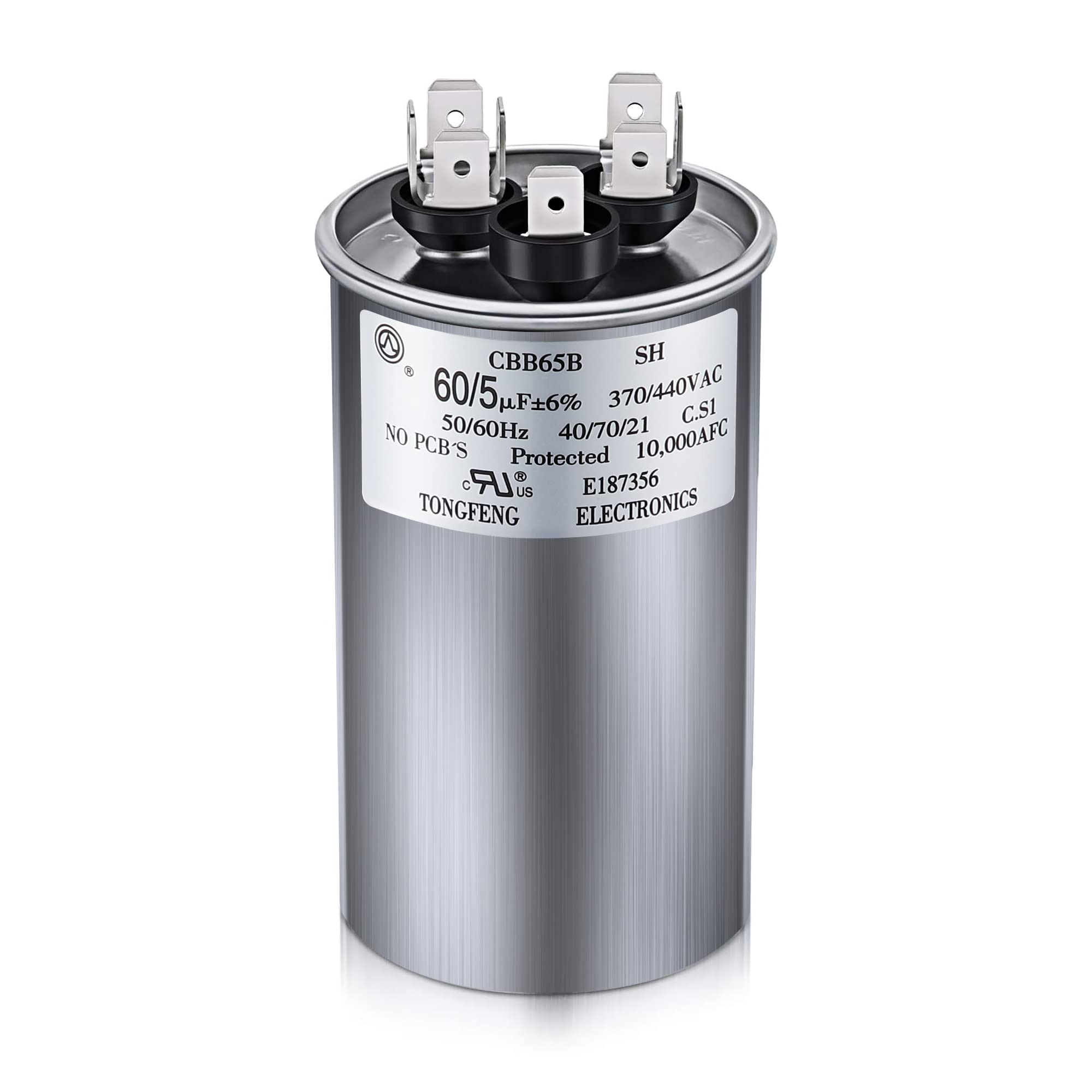 Photo 1 of 60/5 MFD uF 370/440 VAC CBB65B Dual Run Round Capacitor, UL Listed Motor Run Capacitor for Condenser Straight Cool or Heat Pump Air Conditioner Parts Replacements
