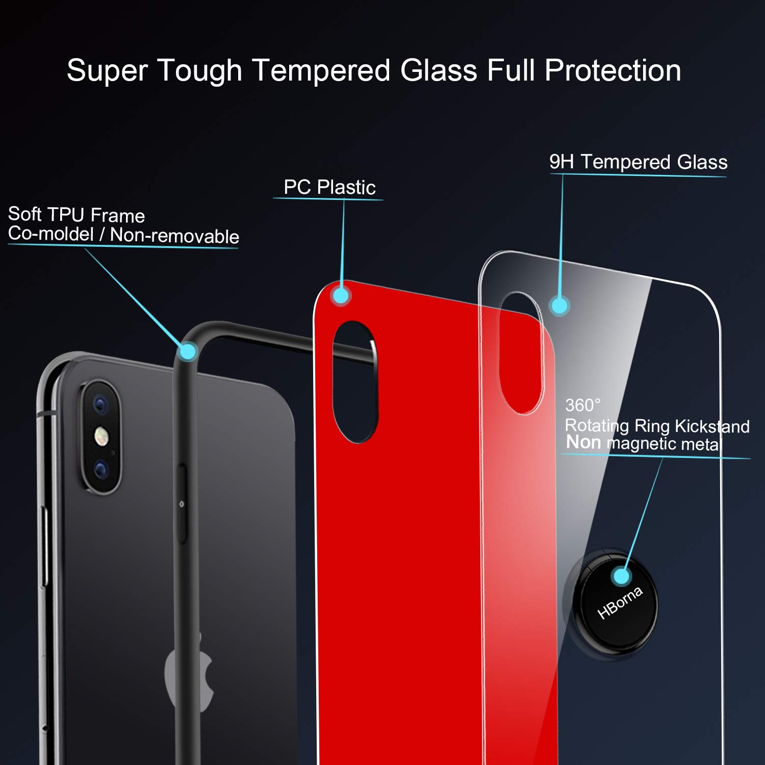 Coque iPhone X, Coque iPhone 10 avec Béquille Porte-Anneau, 9H Couverture Arrière en Verre trempé et TPU Bupmer Anti-Scratch Housse pour iPhone X (Rouge)