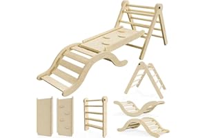 bbgroundgrm Pikler Triangle Set Climber 5 in 1, Toddler Climbing Toys Indoor Folding with Ramp & Arch for Montessori Play Gym for Toddlers and Kids (Natural)(99" Wx21 Dx23 H)