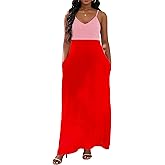 Mistysuyi Women's Maxi Dresses V-Neck Adjustable Spaghetti Strap Sleeveless Dress Plus Size with Pockets