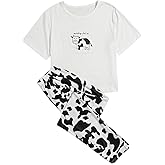 WDIRARA Women's Sleepwear Closed Eyes Print Casual Tee and Pants Pajama Set