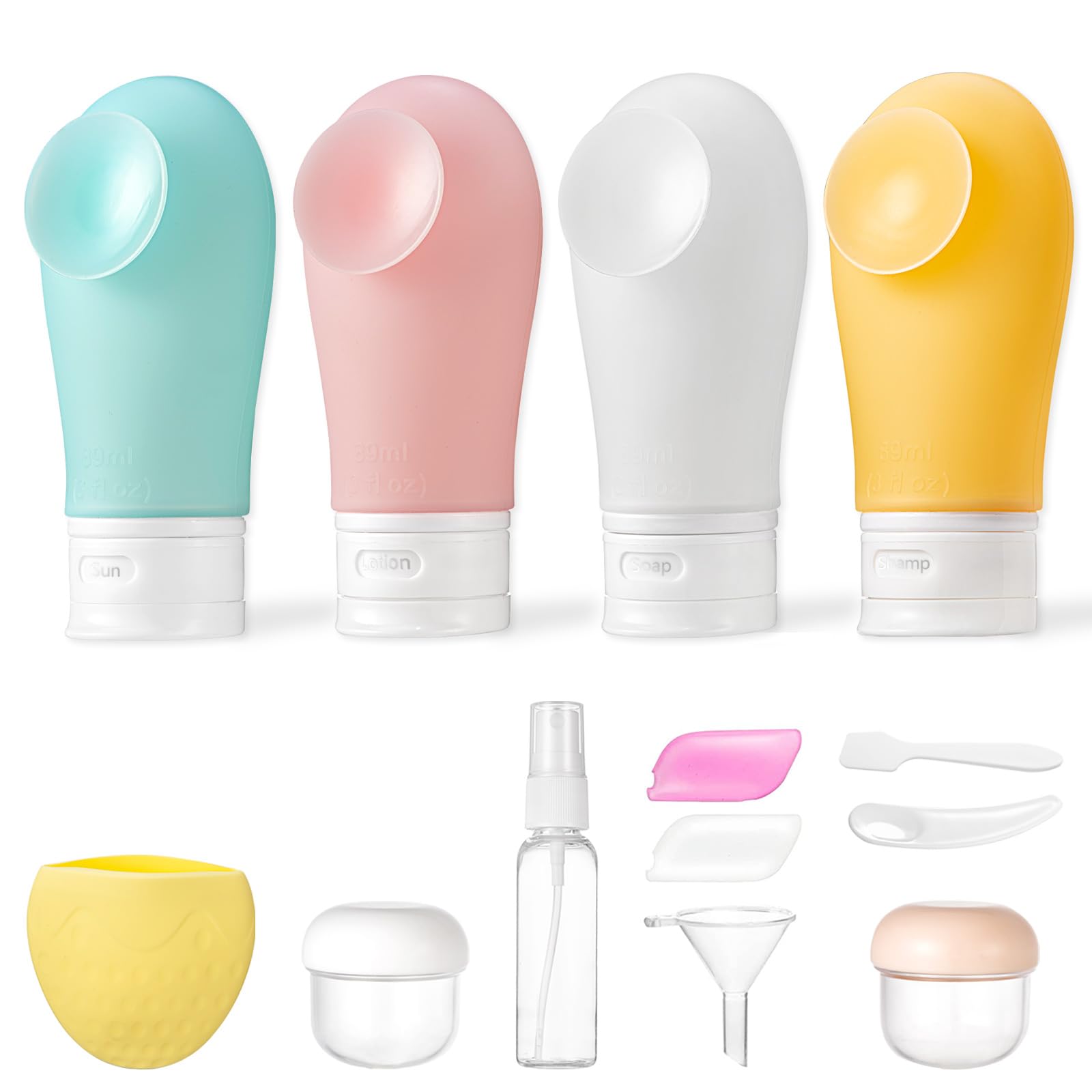 LilyAbeille Silicone Travel Bottles for Filling 60 ml, Pack of 13 Travel Bottles Set with Suction Cup, Travel Size Container, Leak-Proof BPA-Free, Translucent