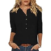 Scgirl Womens 3/4 Sleeve Shirts Basic Button V Neck T-Shirts Cute Casual Tunic Tops Pullover
