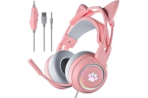 Xmenha Cat Ear Headphones Pink Gaming Headset with Mic for Switch Xbox One PS4 PS5, Cute Children Girl Kids Wired Headphones Light up Kawaii Kitty Noise Cancelling Headphones for Gamer PC Laptop