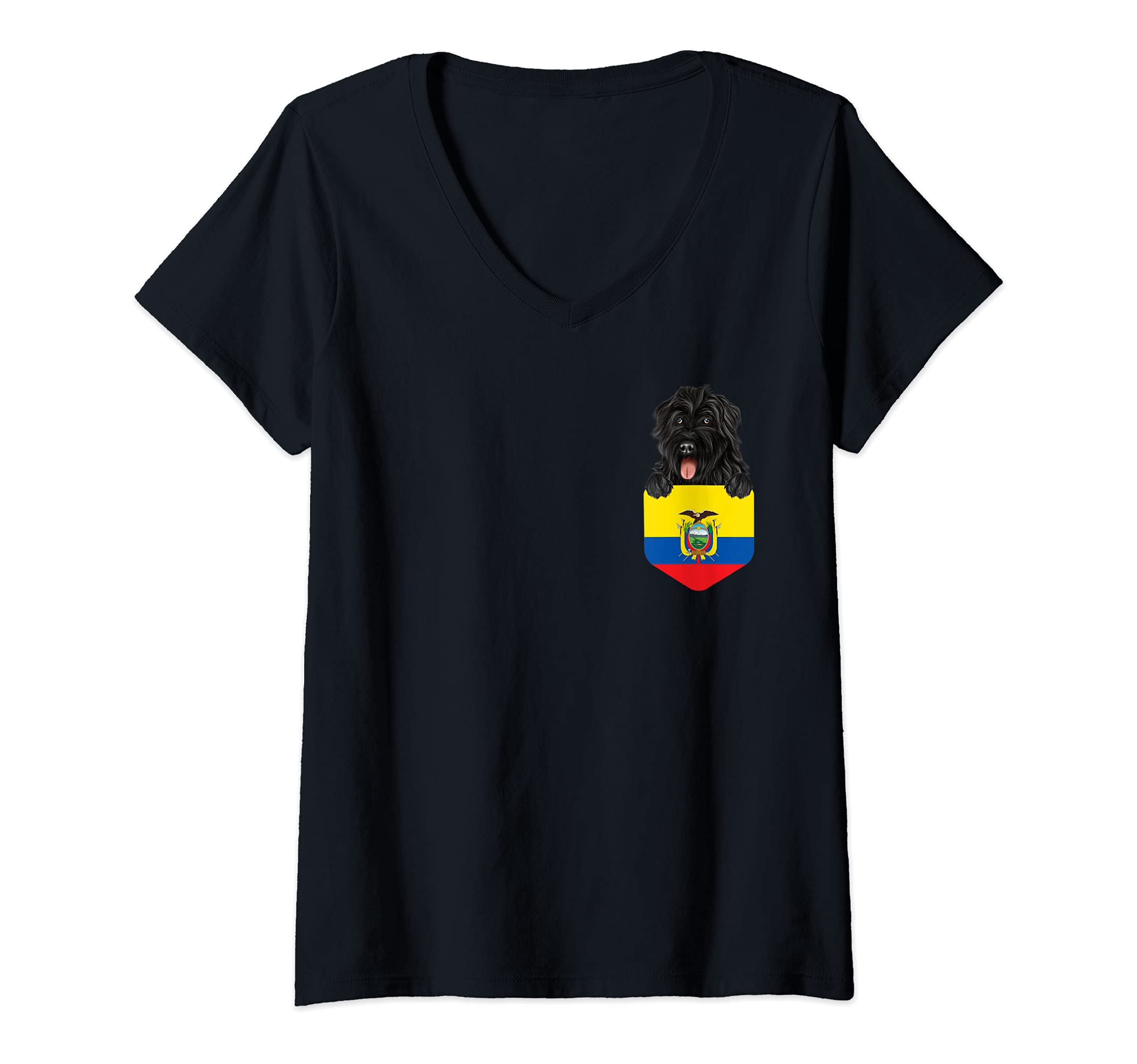 Womens Ecuador Flag Bouvier des Flandres Dog In Pocket V-Neck T-Shirt
