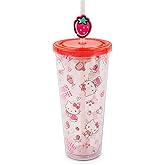 Silver Buffalo Sanrio Hello Kitty Strawberry Sweets Plastic Carnival Cup, Travel Tumbler With Lid and Reusable Straw | Holds 24 Ounces