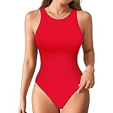 MANGOPOP Women's Tank Tops Bodysuit Double Lined Crew Neck Thong Body Suit Sleeveless Halter Fitted Top