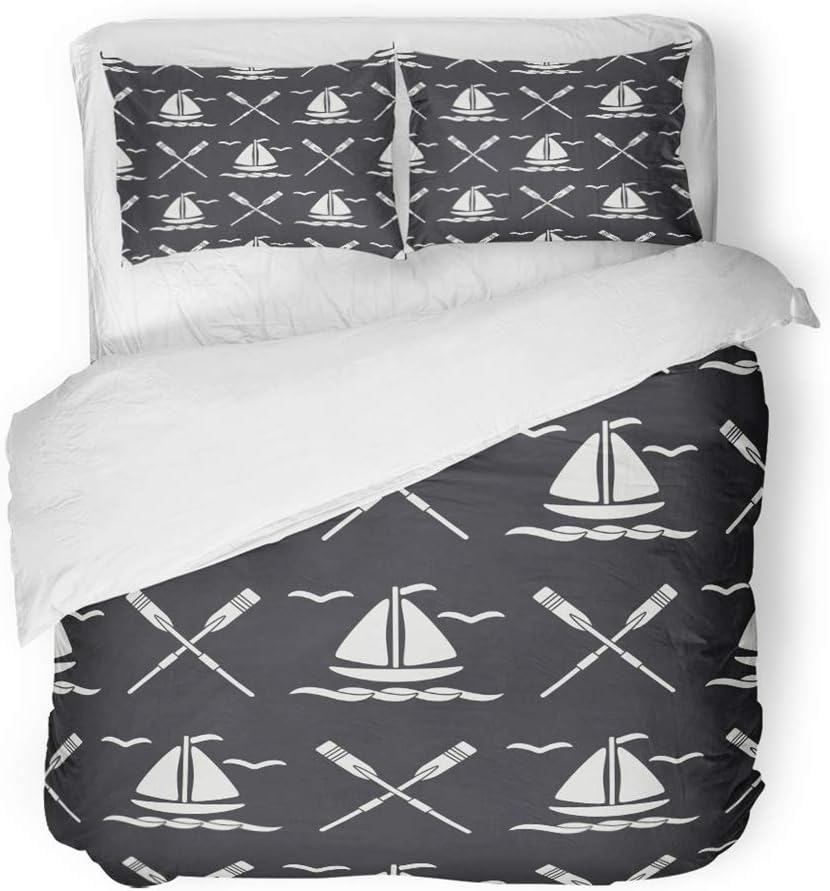 LIS HOME 3 Piece Duvet Cover Set Brushed Microfiber Fabric Flat Line Monochrome Ocean Boat Sail Paddle Cartoon Retro Regatta Seagull Breathable Bedding Set with 2 Pillow Covers King Size