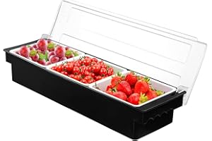 FEOOWV Fruit Veggie Condiment Caddy with Lid, 3 Compartment Plastic Dispenser Tray for Catering Dips Toppings, Serving Taco, Ice Cream, Fruit, & Salad Bar Garnish Organizer for Restaurant Supplies