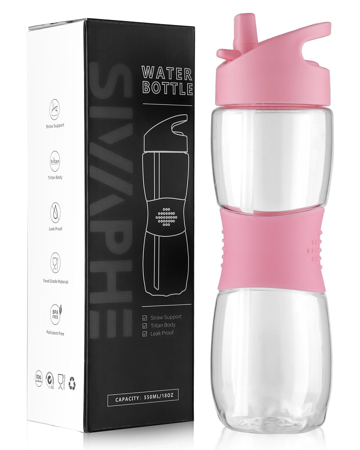 Sivaphe Children Water Bottle Tritan, Kids Drinking Bottles with Handle and Silicone Straw for Camping, School, Outdoor Activities, Travel, Hiking (Pink, 550ML)