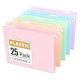 Sooez Tear-Resistant Plastic Hanging File Folders Letter Size, 25 Count File Organizer Suitable for File Cabinet Filing Cabinets, 1/5-cut Adjustable Tabs for Office, School, Pastels Colors, Pink