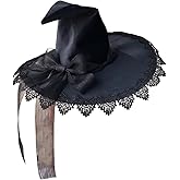 FAICCIA Bowknot Witch Hat Vintage Halloween Cosplay Black Lolita Girl Big Brim Pointed Hat Wizad Women's Lovely Gothic Magic
