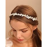Teyglen Bridal Wedding Flower Leaf Headband Hair Vine Silver Crystal Pearl Headpieces Floral Hair Pieces Hair Accessories for Women Bride Flower Girl