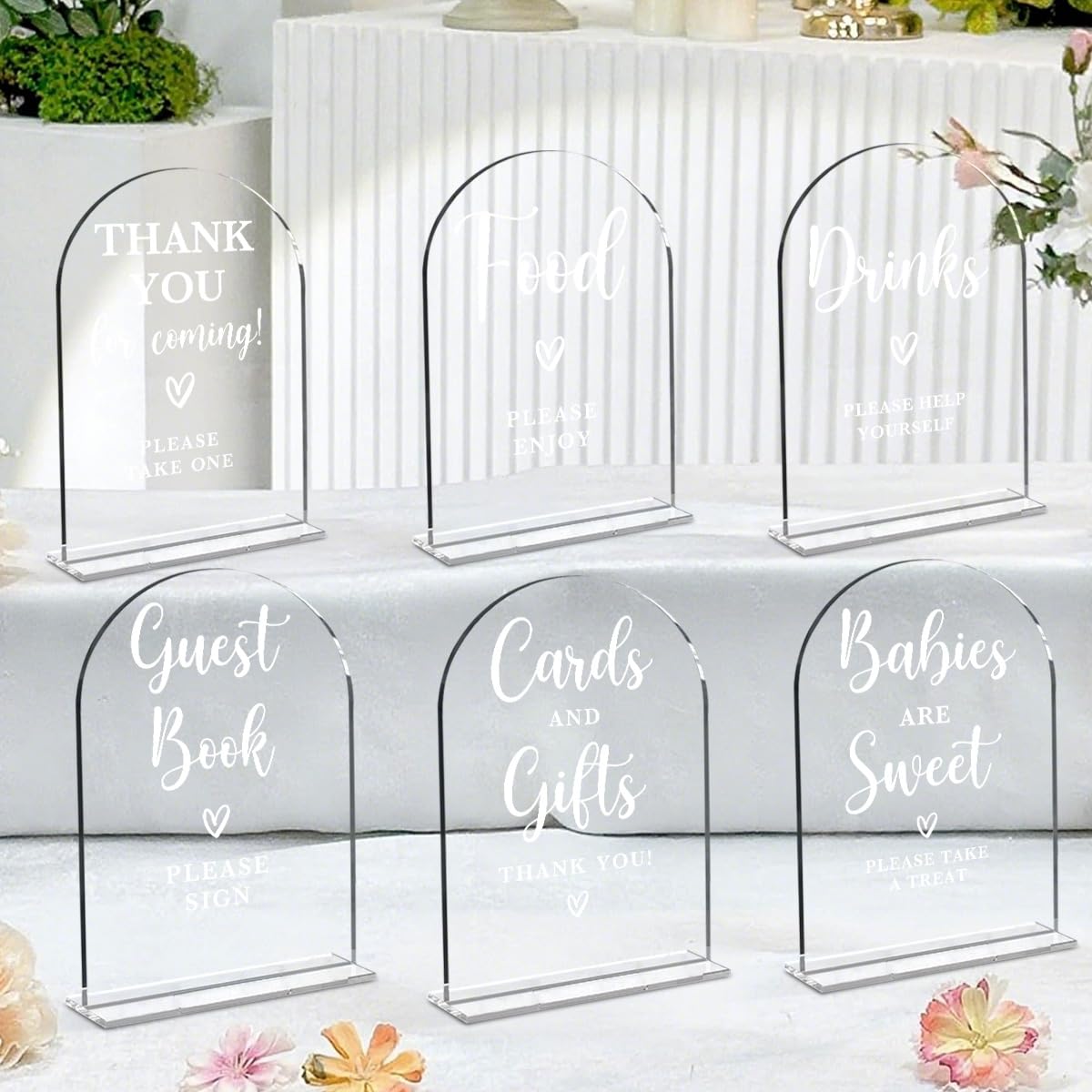 Photo 1 of 6 Pcs Baby in Bloom Shower Decorations, Baby Shower Sign, Newborn Gifts, Cards and Gifts Signs, Guest Book Sign, Modern Arched Acrylic Table Top Signs With Stand for Birthday Party Decorations (Clear)