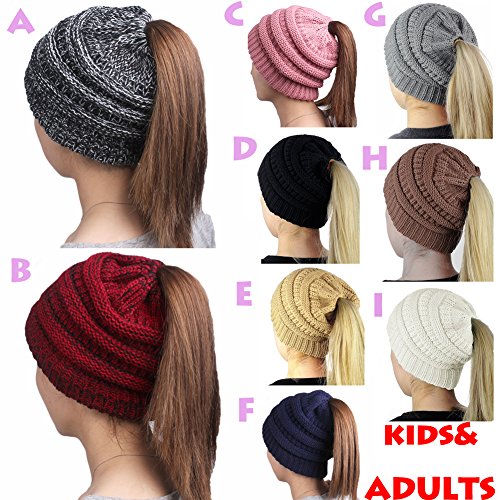 DesirePath Ponytail Beanie Hat Stretch Knit High Bun Beanietail For Women Kids Children Teens Girls Handmade Cap Christmas Gift