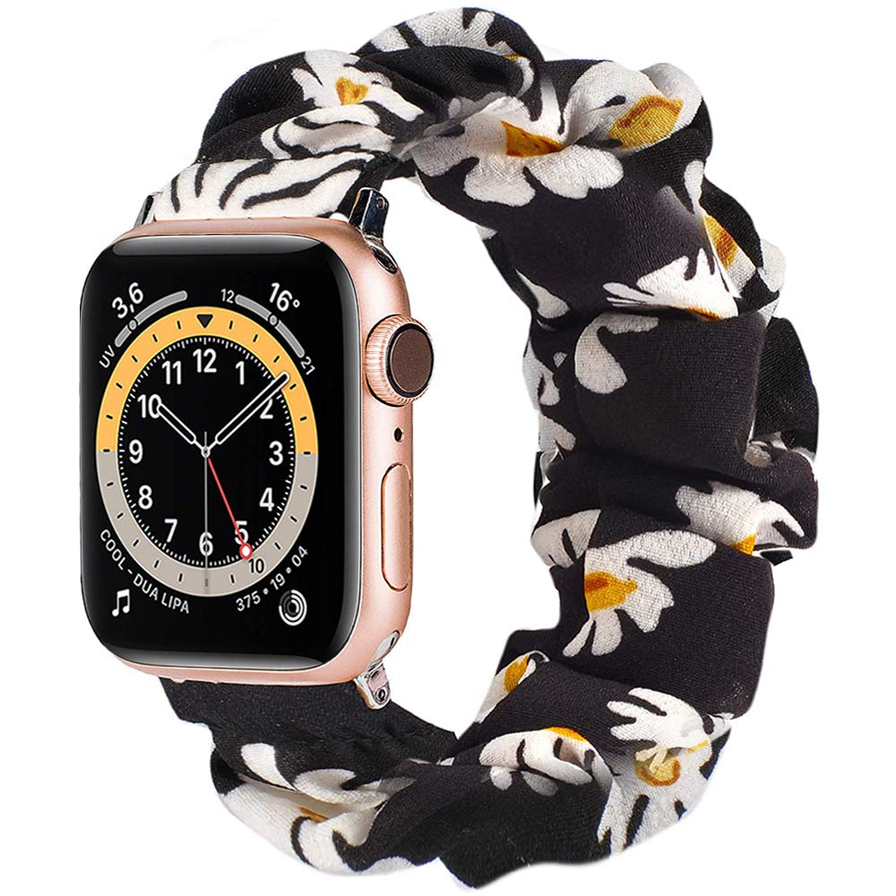Miimall Compatible with Apple Watch 42mm/44mm Scrunchies Elastic Strap, Print-cloth Fabric Watchband Soft Comfortable Wrist Band for iWatch SE/Series 7/6/5/4/3/2/1 L (Black with Feverfew)