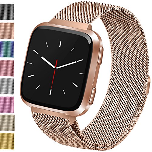 Vancle Metal Band Compatible with Fitbit Versa Bands, Stainless Steel Milanese Mesh Loop Metal Replacement Wristbands with Magnet Lock for Fitbit Versa (Rose Gold, Small)