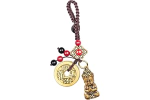 Mansiyuyee Brass Sakyamuni Buddha Keychain with Feng Shui Coins, Buddha Statue Key Ring as Good Luck Charms Lucky Tassel