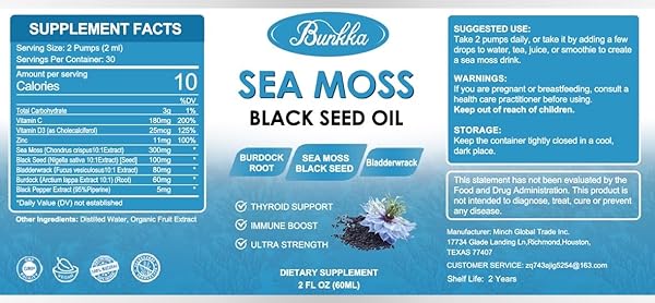 SEA MOSS LIQUID DROPS WITH BURDOCK ROOT BLADDERWRACK, ELDERBERRY, IRISH SEA MOSS WITH VITAMIN C&D3 FOR IMMUNITY BOOSTER, DIGESTIVE HEALTH, SKIN, SUGAR-FREE ORIGINAL FLAVOR, 2 FL OZ
