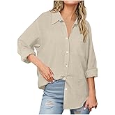 Linen Shirts for Women Full Button Down Casual Long Sleeve Blouse V-Neck Loose Work Tunic Tops with Pocket