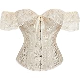 Moessa Women Floral Lace Off Shoulder Corset Bustier Boned Overbust Corset Bodyshaper Lingerie Top