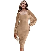 G&Y Women's Lantern Long Puff Sleeve Mesh Ruched Bodycon Dress-Square Neck Cocktail Party Clubwear Midi Dresses