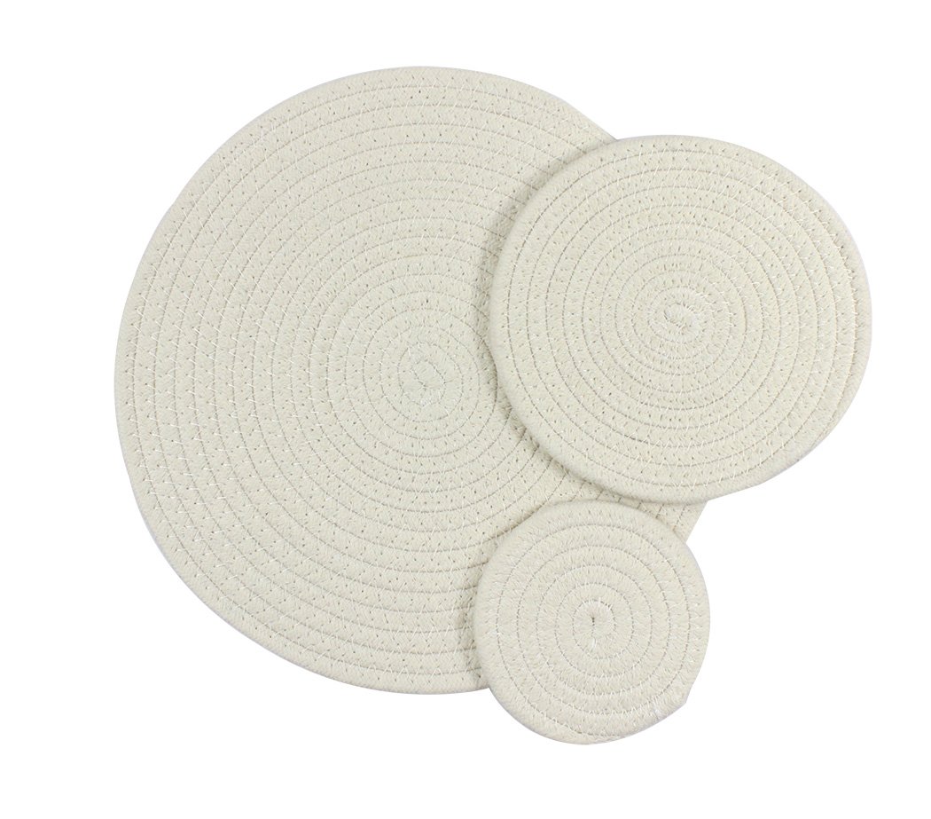 Ranvi Modern Colorful Woven Round Placemats Combination, Easy to Clean & Protects Your Tabletop, 3 PCS (Large, Medium, Small), White