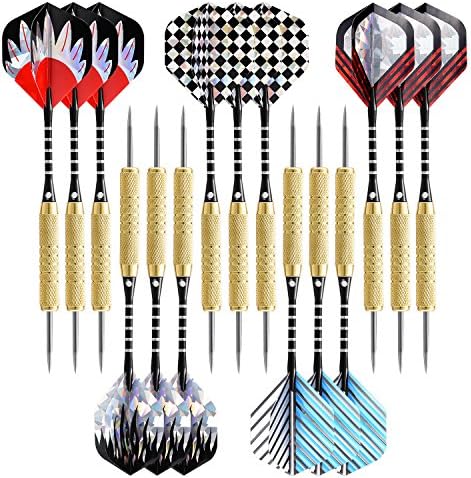Steel Tip Darts Set (15 Pack) 18 Grams Aluminum Shafts Non-Slip Brass Barrel Metal Tip PET Flights(B)