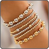 LANWLOSI 6 Pcs Two Tone Bracelets for Women Stackable Gold and Silver Beaded Bracelets Trendy Mixed Metal Beads Brace-lets Wedding Party Prom Daily Jewelry Gifts
