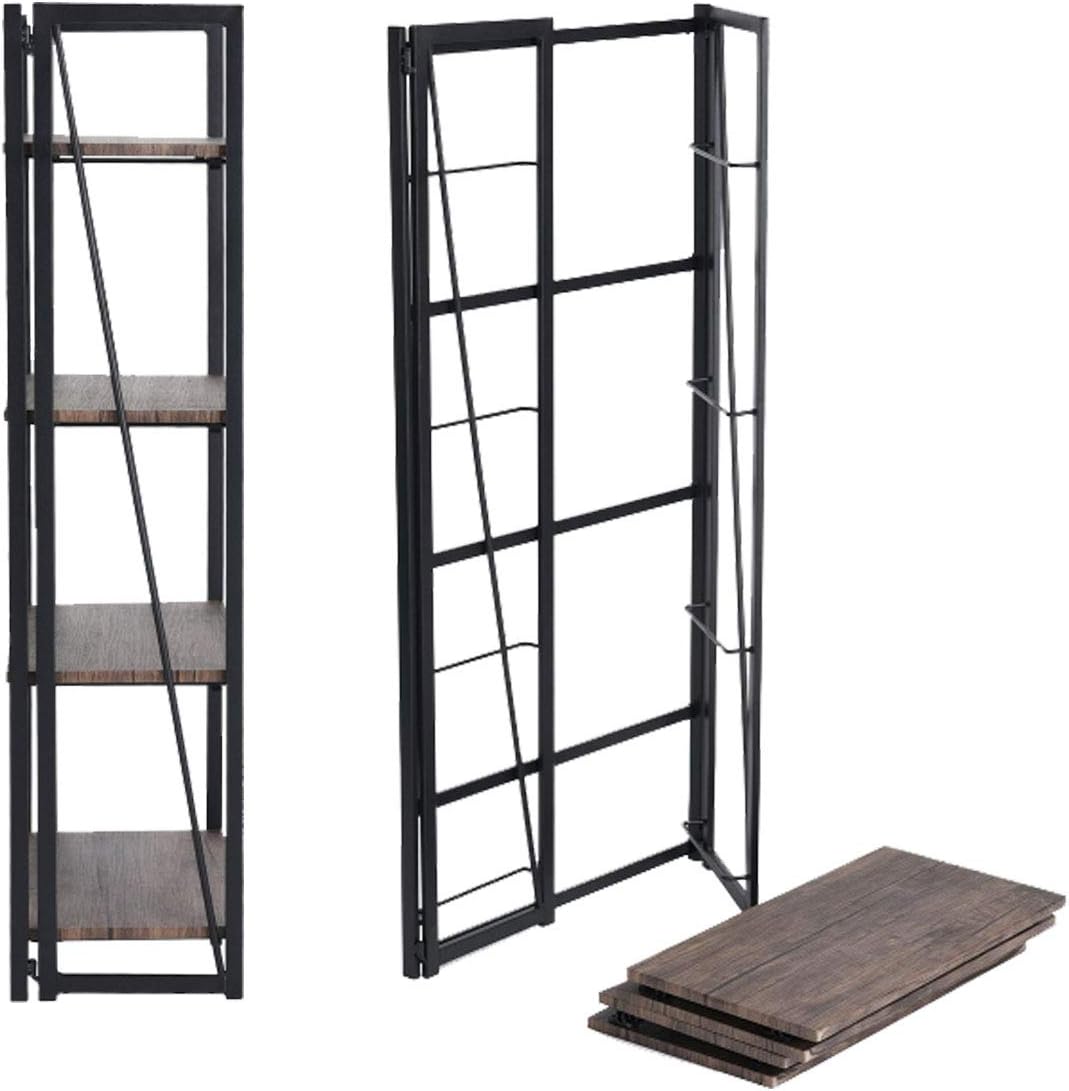 Coavas Folding Bookshelf Home Office Industrial Bookcase No Assembly Storage Shelves Vintage 4 Tiers Flower Stand Rustic Metal Book Rack Organizer, 23.6 X 11.8 X 49.4 Inches: Furniture & Decor