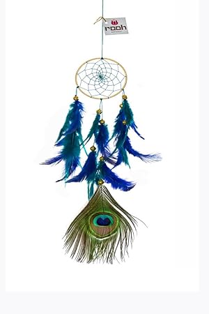 Rooh Dream Catcher ~ Peacock ~ Handmade Hangings for Positivity (Can be Used as Home Decor Accents, Wall Hangings, Garden, Car, Outdoor, Bedroom, Key Chain, Meditation Room, Yoga Temple, Windchime)