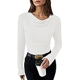 Pink Queen 2026 Spring Cowl Neck Tops for Women Long Sleeve Ruched Slim Fit Ribbed Knit Basic Shirts