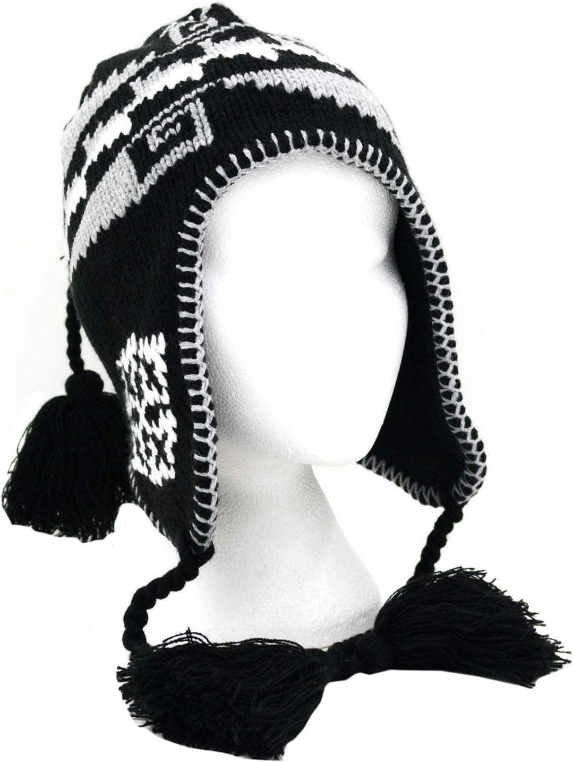 Ladies Fleece Lined Knitted Peruvian Winter Hat with Tassels Black