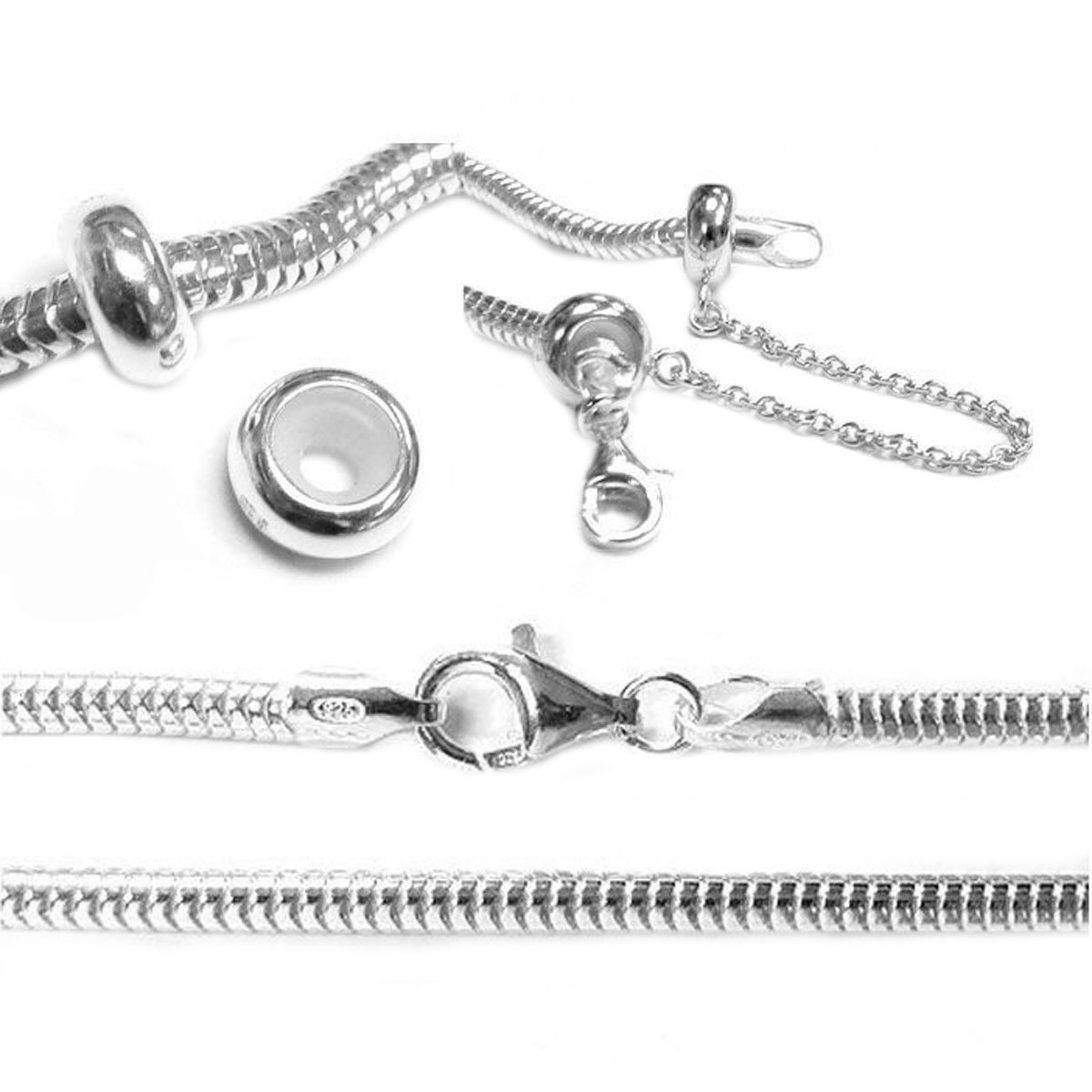 Queenberry Sterling Silver 3mm Snake Bracelet with Safety Chain & Stoppers For European Bead Charms, 7.5''