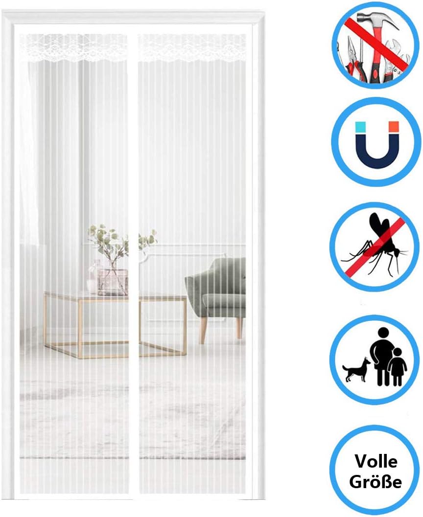 THAIKER Magnetic Screen Door Curtain, 160x250cm(63x98inch) with Heavy Duty Mosquito Net with Magnet for Door Curtains Keep Bugs Out Lets Fresh Air in, White