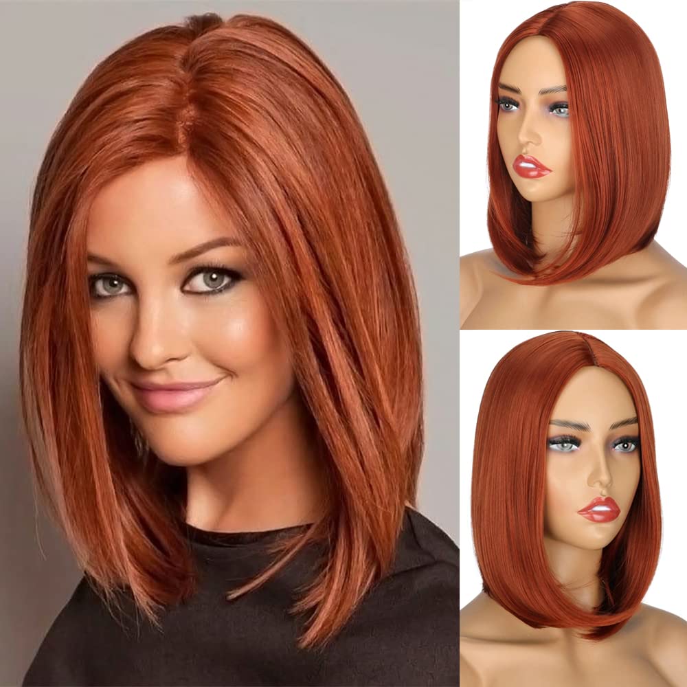 PORSMEER Short Bob Straight Hair Wigs for Women Shoulder Length Full Wig Natural Ginger Red Color