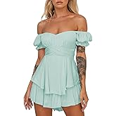 Ahtyeo Women's Casual Off Shoulder Romper Double Layer Ruffle Hem Waist Tie Short Jumpsuits Long Baggy Sleeves Mini Dress