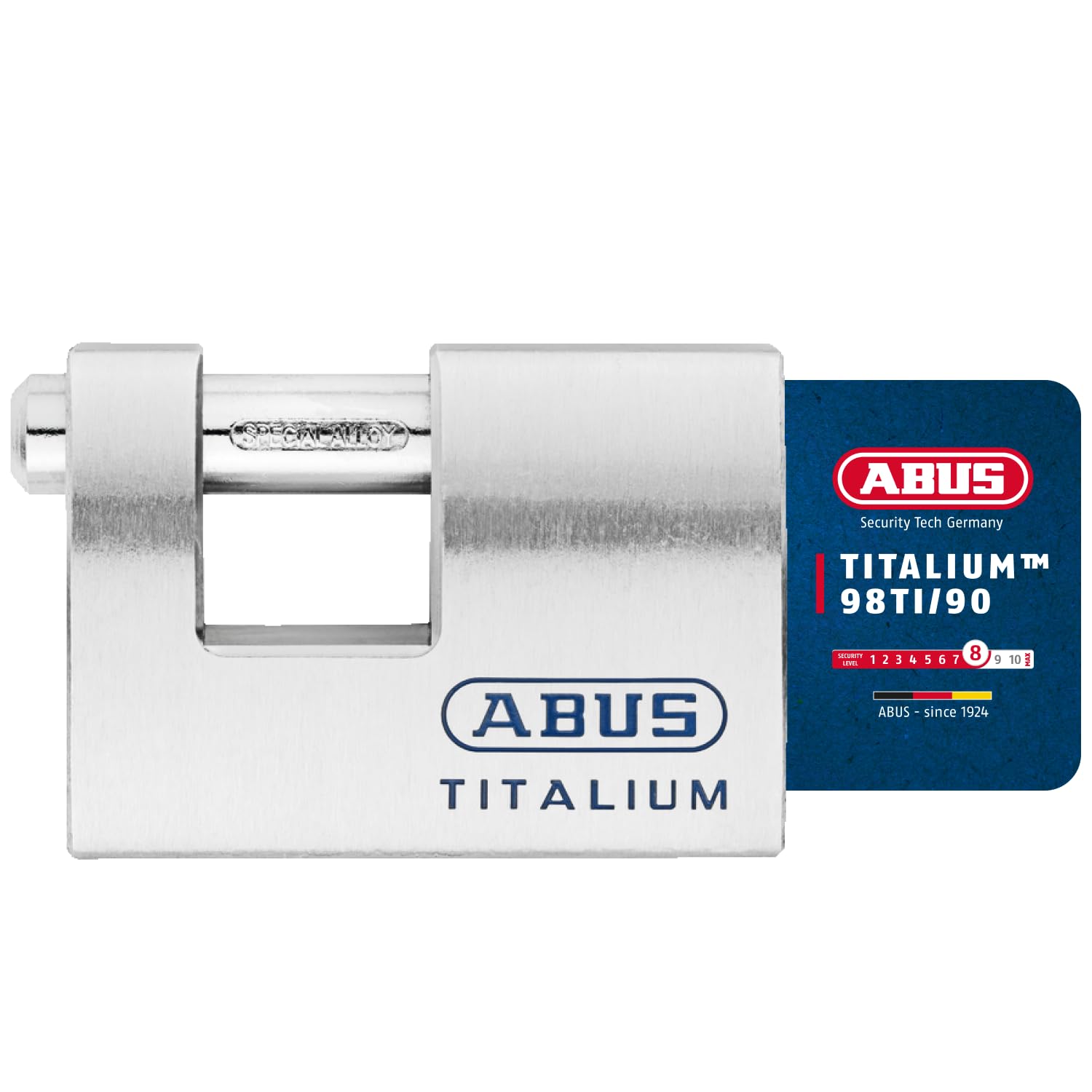 ABUS Titalium padlock 98TI/90 - Monoblock padlock for roller grilles, vending machines, containers and much more. - Locking bolt made of hardened steel - ABUS security level 8
