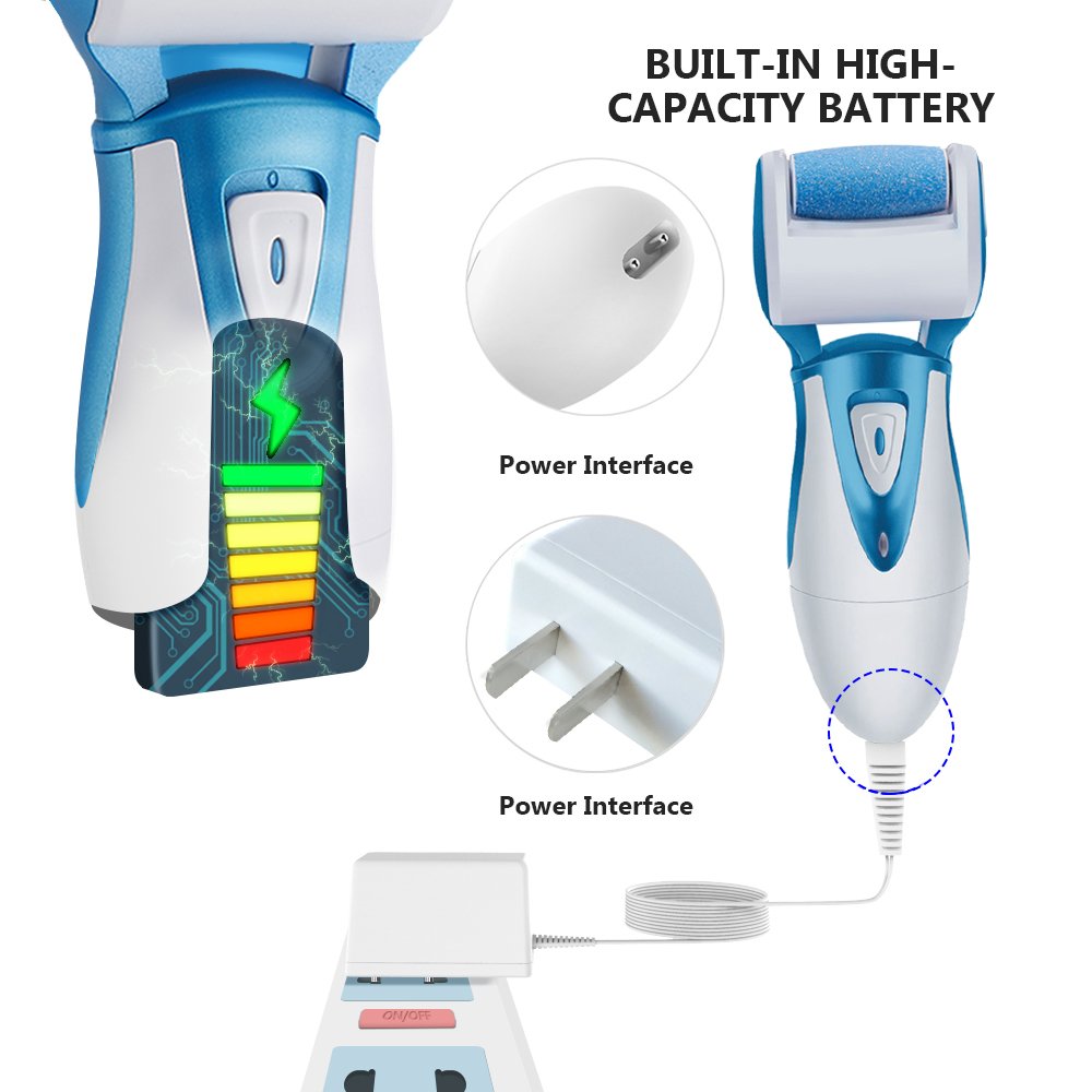 Electric Pedicure Tools - Rechargeable & Waterproof Foot File with Quartz Sand Remove Dead, Hard, Cracked Skin (Blue)
