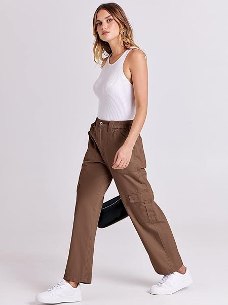 ANRABESS WOMEN’S CARGO PANTS HIGH WAISTED BAGGY MULTIPLE POCKETS CASUAL TRENDY FASHION RELAXED FIT Y2K TROUSERS BROWN MEDIUM