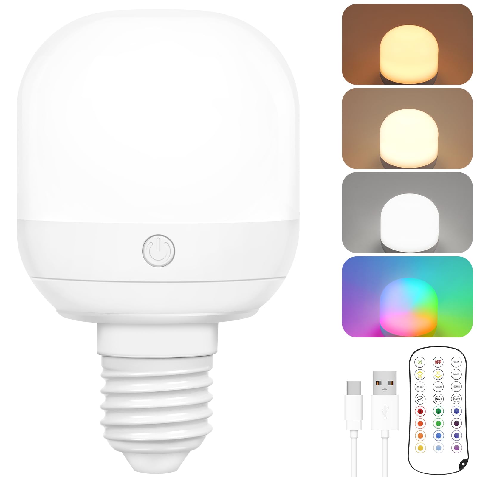 Photo 1 of Yochoice Rechargeable Battery Operated Light Bulb with Remote Control, Dimmable LED Bulb with 15 Colors Selectable & 3 Timer, Detachable E26 Wireless Light Bulb for Lamp and Sconce