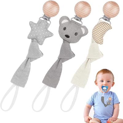 Vicloon 3 Pcs Baby Dummy Clips Beech Wood Pacifier Chain Holder Clips