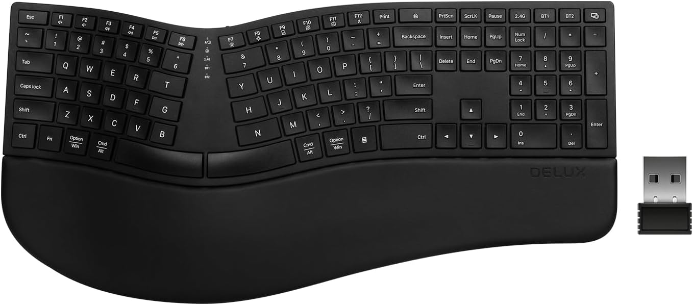 (Upgraded) DELUX Ergonomic Wireless Keyboard w Cushioned Wrist Rest, Wave Keys, 2.4GHz & Bluetooth Connection, Full Size Wireless Rechargeable Computer Keyboard for Windows, Mac OS, Laptop, PC (GM909)