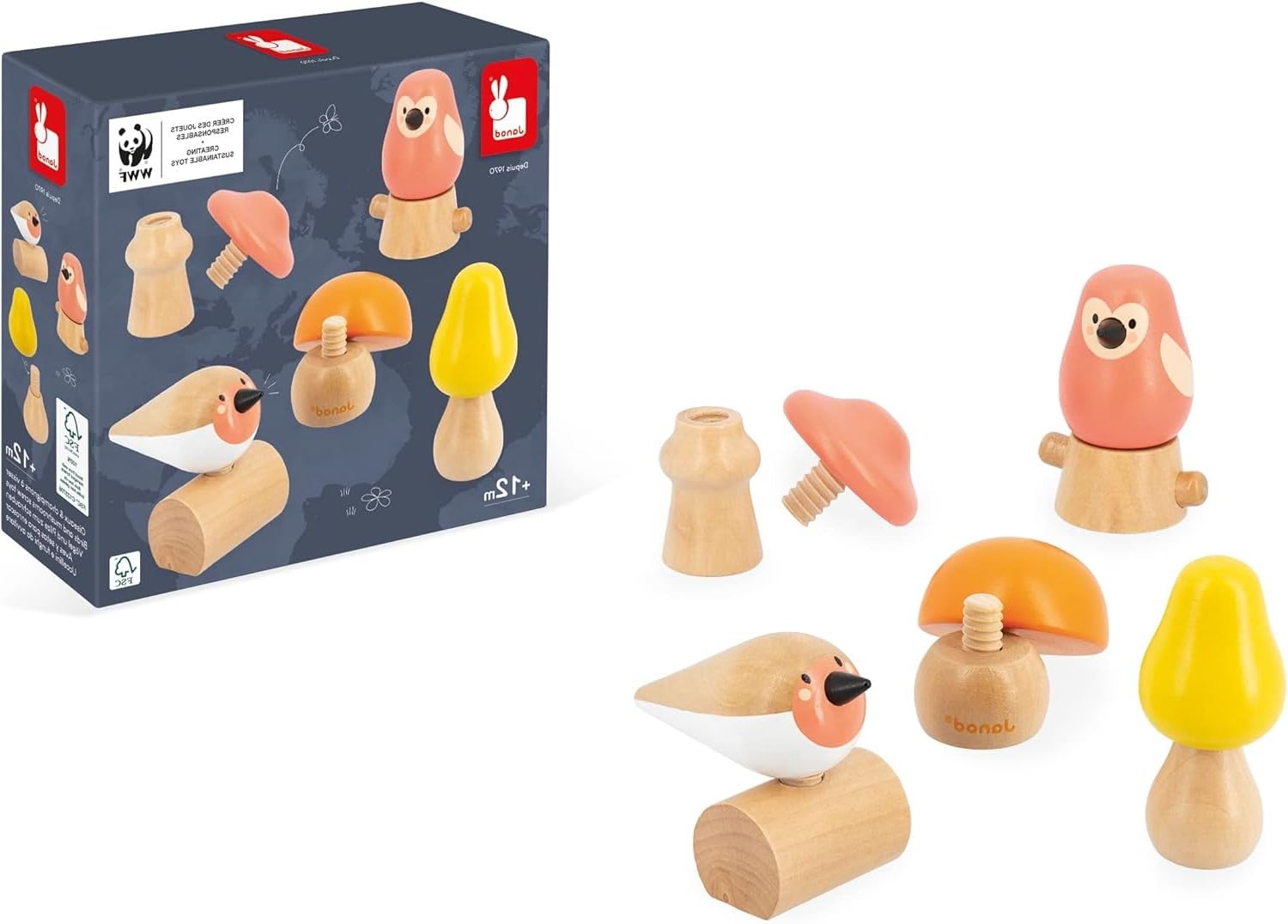 Janod - 2 Birds and 3 Mushrooms Screw Toy - Early-Years Developmental Toy - FSC Wooden Toy - In Partnership with WWF - 18 Months +, J08643