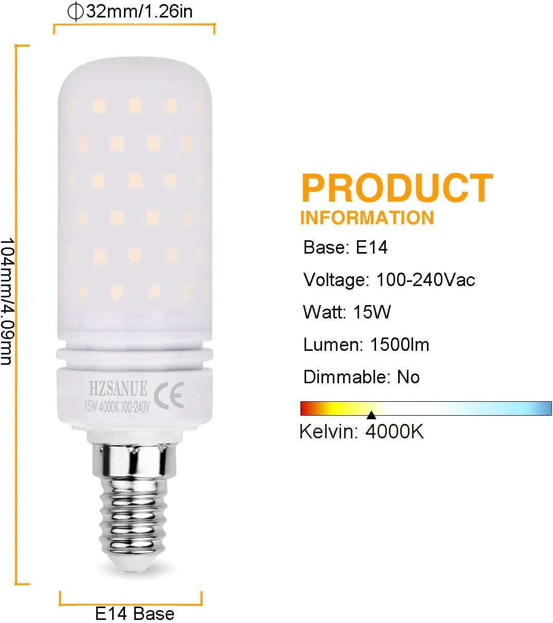 HZSANUE LED Light Bulbs 15W, 120W Incandescent Bulbs Equivalent, 1500Lm, 4000K Natural White - Image 3
